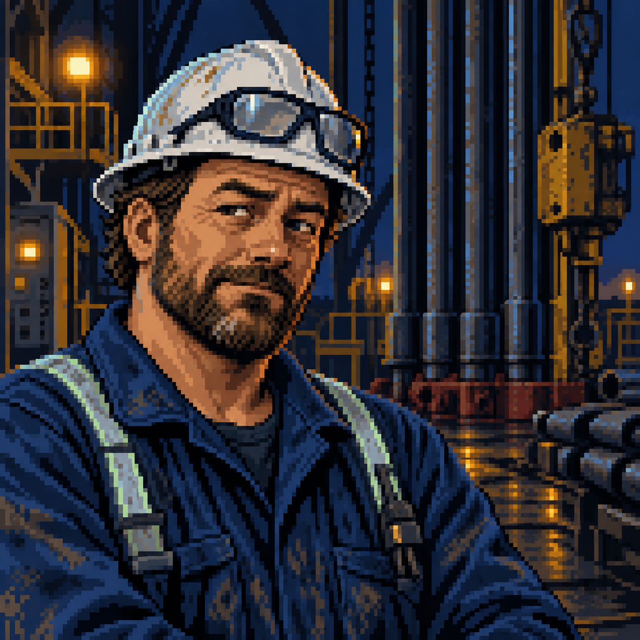 Pixel-art portrait of the driller